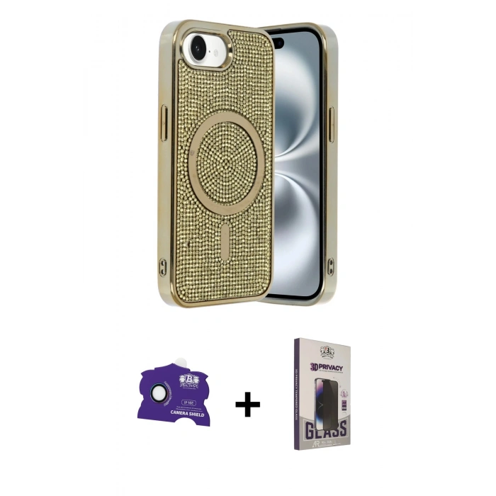 MARSİLYAN™- iPhone 16E Kılıf Eksen Çizgi - Siyah Bilvis Hayalet Cam Ekran Koruyucu + Bilvis Titan Kamera Lens - RW