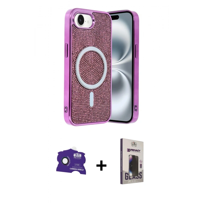 MARSİLYAN™- iPhone 16E Kılıf Eksen Çizgi - Siyah Bilvis Hayalet Cam Ekran Koruyucu + Bilvis Titan Kamera Lens - RW