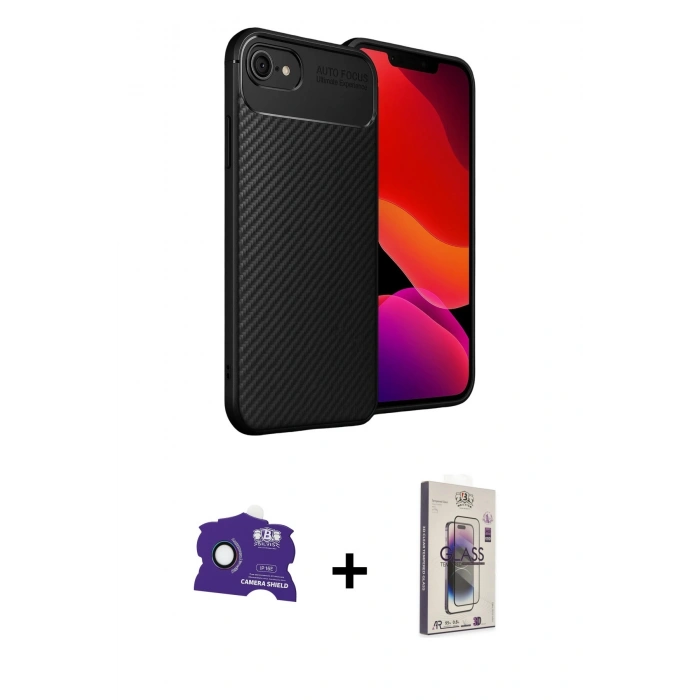 MARSİLYAN™- iPhone 16E Kılıf Eksen Form Prime - Siyah Bilvis 3D Cam Ekran Koruyucu + Bilvis Titan Kamera Lens - RW