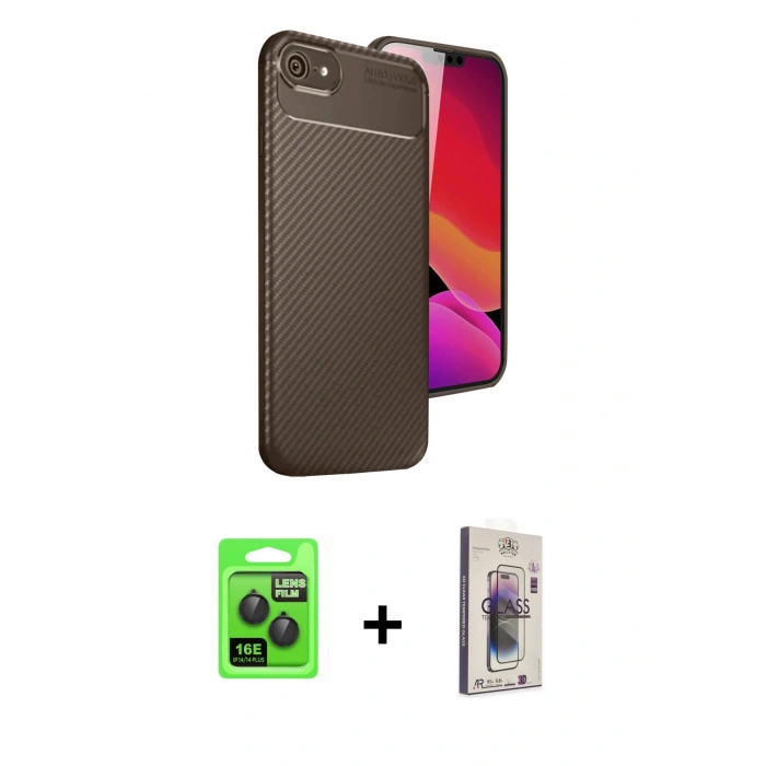 MARSİLYAN™- iPhone 16E Kılıf Eksen Form Prime - Siyah Bilvis 3D Cam Ekran Koruyucu + Raze Metal Kamera Lens - SH