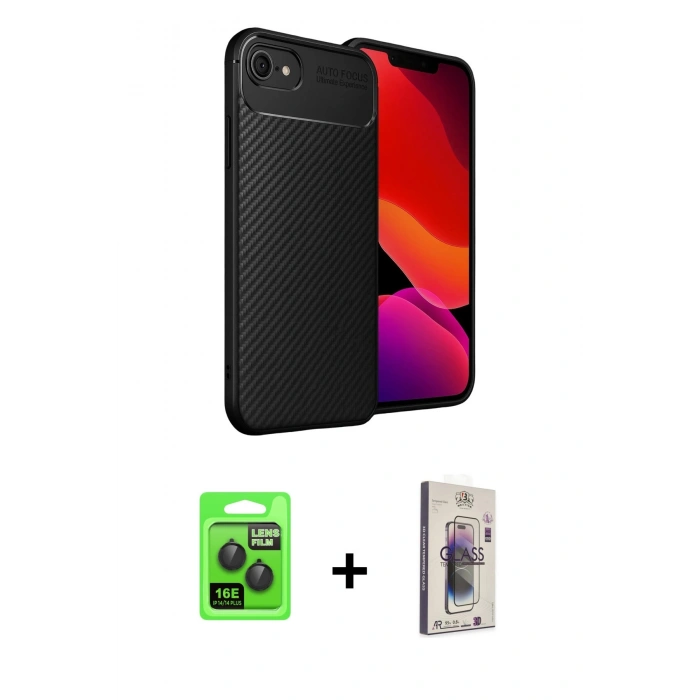 MARSİLYAN™- iPhone 16E Kılıf Eksen Form Prime - Siyah Bilvis 3D Cam Ekran Koruyucu + Raze Metal Kamera Lens - SH