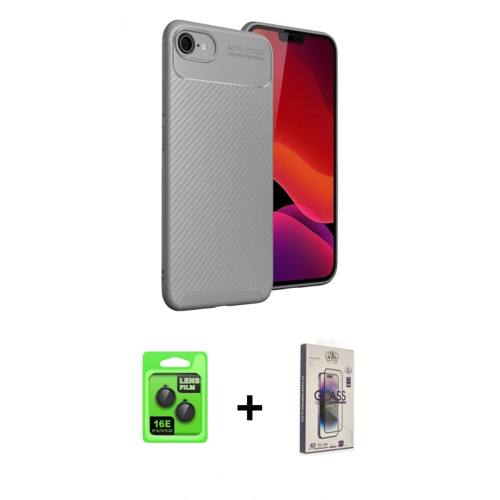 MARSİLYAN™- iPhone 16E Kılıf Eksen Form Prime - Siyah Bilvis 3D Cam Ekran Koruyucu + Raze Metal Kamera Lens - SH