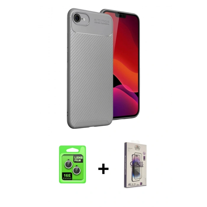 MARSİLYAN™- iPhone 16E Kılıf Eksen Form Prime - Siyah Bilvis 3D Cam Ekran Koruyucu + Raze Metal Kamera Lens - GS