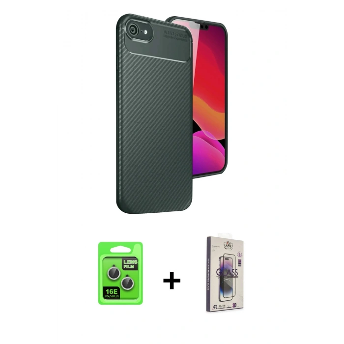 MARSİLYAN™- iPhone 16E Kılıf Eksen Form Prime - Siyah Bilvis 3D Cam Ekran Koruyucu + Raze Metal Kamera Lens - GS