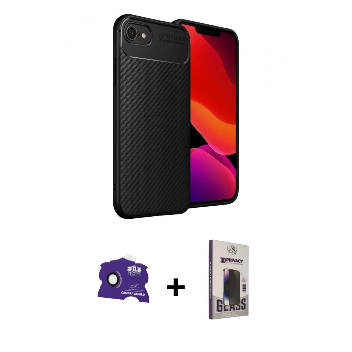 MARSİLYAN™- iPhone 16E Kılıf Eksen Form Prime - Siyah Bilvis Hayalet Cam Ekran Koruyucu + Bilvis Titan Kamera Lens - SH