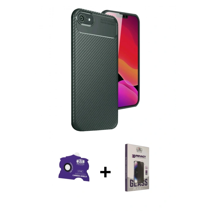 MARSİLYAN™- iPhone 16E Kılıf Eksen Form Prime - Siyah Bilvis Hayalet Cam Ekran Koruyucu + Bilvis Titan Kamera Lens - SH