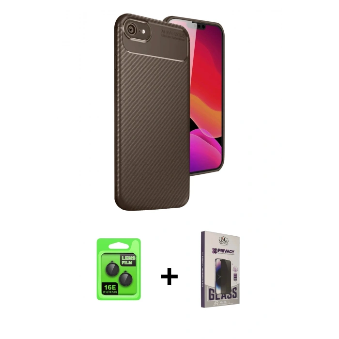 MARSİLYAN™- iPhone 16E Kılıf Eksen Form Prime - Siyah Bilvis Hayalet Cam Ekran Koruyucu + Raze Metal Kamera Lens - SH