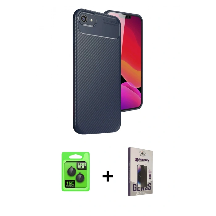 MARSİLYAN™- iPhone 16E Kılıf Eksen Form Prime - Siyah Bilvis Hayalet Cam Ekran Koruyucu + Raze Metal Kamera Lens - SH