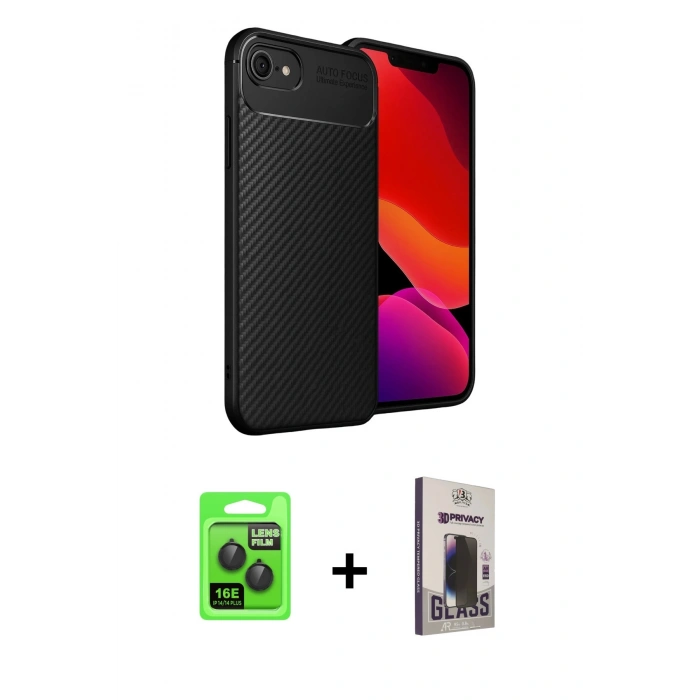 MARSİLYAN™- iPhone 16E Kılıf Eksen Form Prime - Siyah Bilvis Hayalet Cam Ekran Koruyucu + Raze Metal Kamera Lens - SH