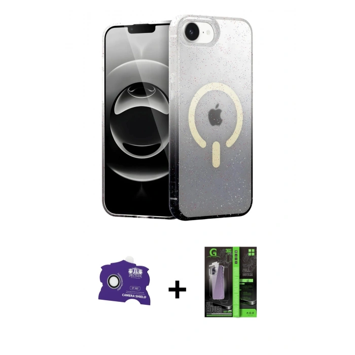 MARSİLYAN™- iPhone 16E Kılıf Eksen Minimal Özel Seri - Şeffaf 360 Full Body Arka Koruyucu + Bilvis Titan Kamera Lens - BZ