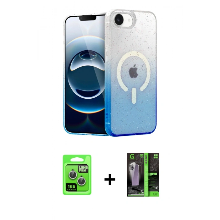 MARSİLYAN™- iPhone 16E Kılıf Eksen Minimal Özel Seri - Şeffaf 360 Full Body Arka Koruyucu + Raze Metal Kamera Lens - GS