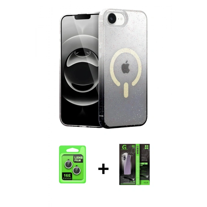 MARSİLYAN™- iPhone 16E Kılıf Eksen Minimal Özel Seri - Şeffaf 360 Full Body Arka Koruyucu + Raze Metal Kamera Lens - GS