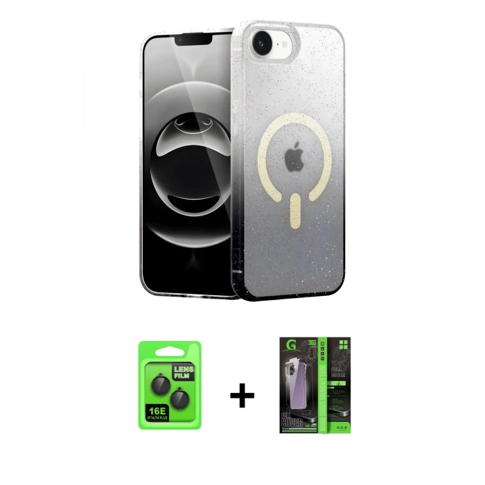MARSİLYAN™- iPhone 16E Kılıf Eksen Minimal Özel Seri - Şeffaf 360 Full Body Arka Koruyucu + Raze Metal Kamera Lens - SH