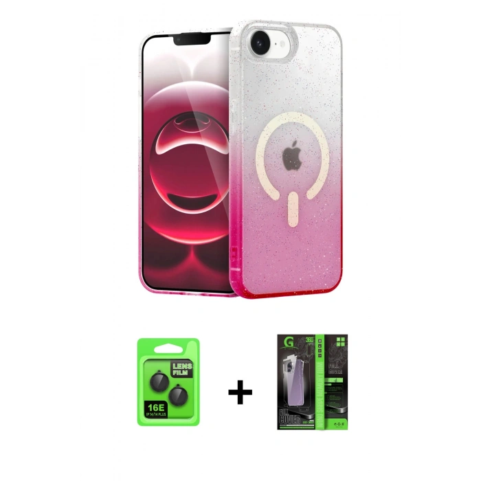 MARSİLYAN™- iPhone 16E Kılıf Eksen Minimal Özel Seri - Şeffaf 360 Full Body Arka Koruyucu + Raze Metal Kamera Lens - SH