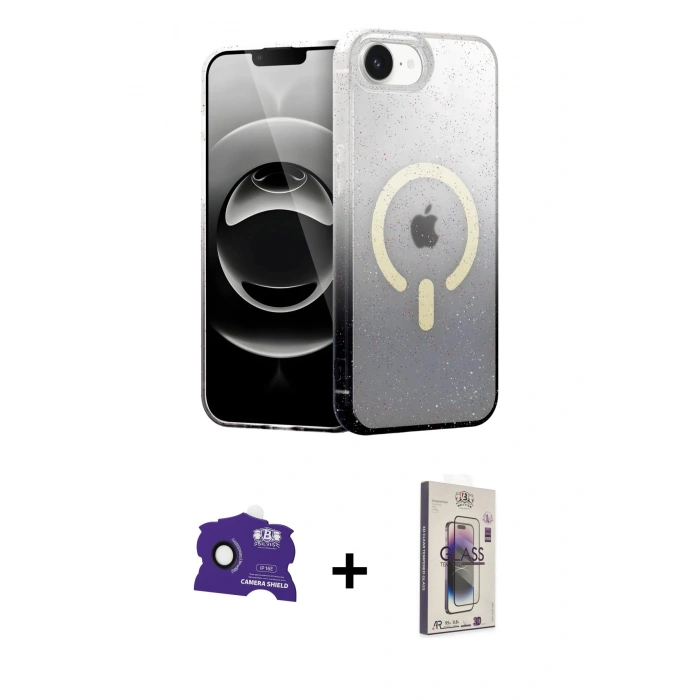 MARSİLYAN™- iPhone 16E Kılıf Eksen Minimal Özel Seri - Siyah Bilvis 3D Cam Ekran Koruyucu + Bilvis Titan Kamera Lens - SH