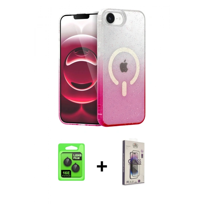 MARSİLYAN™- iPhone 16E Kılıf Eksen Minimal Özel Seri - Siyah Bilvis 3D Cam Ekran Koruyucu + Raze Metal Kamera Lens - SH