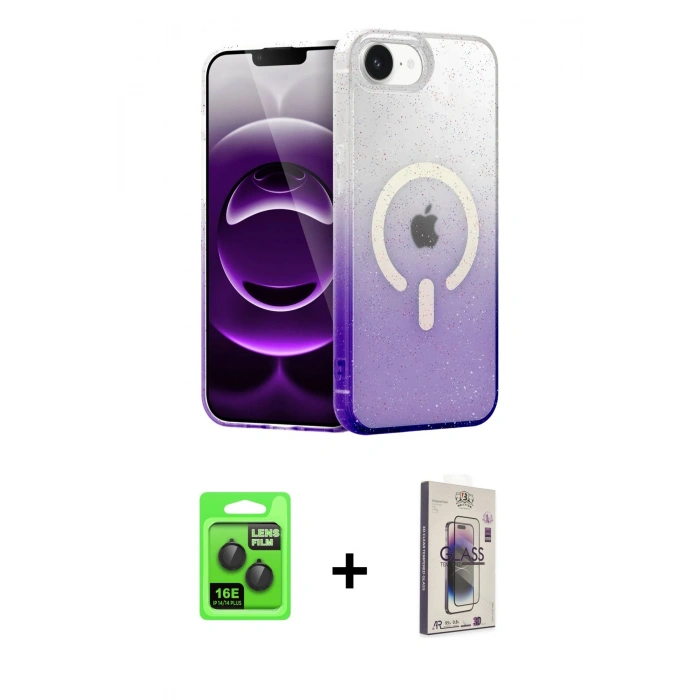 MARSİLYAN™- iPhone 16E Kılıf Eksen Minimal Özel Seri - Siyah Bilvis 3D Cam Ekran Koruyucu + Raze Metal Kamera Lens - SH