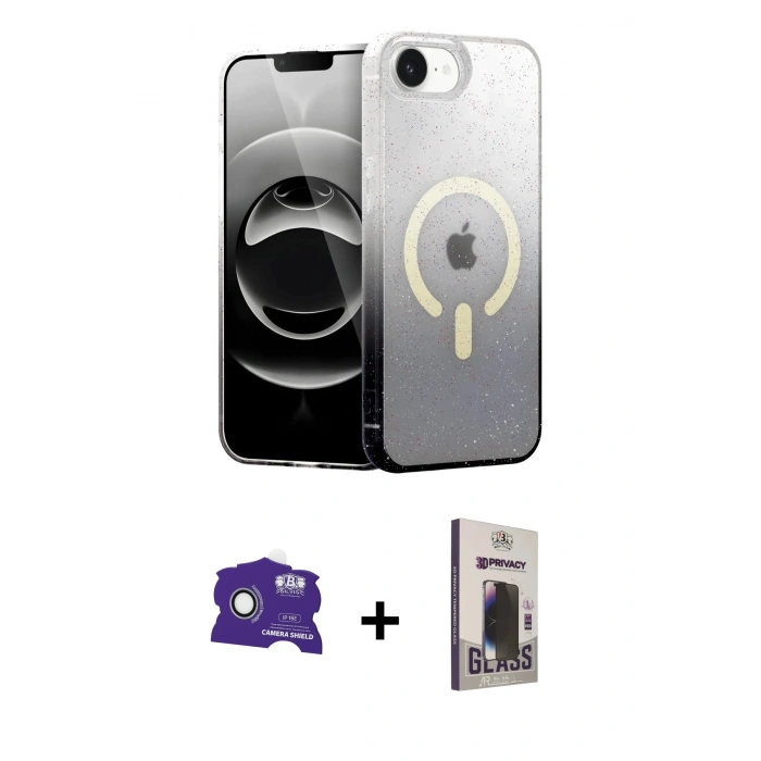 MARSİLYAN™- iPhone 16E Kılıf Eksen Minimal Özel Seri - Siyah Bilvis Hayalet Cam Ekran Koruyucu + Bilvis Titan Kamera Lens - BZ