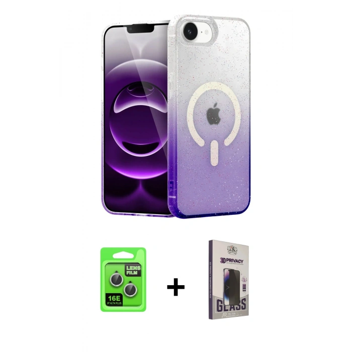 MARSİLYAN™- iPhone 16E Kılıf Eksen Minimal Özel Seri - Siyah Bilvis Hayalet Cam Ekran Koruyucu + Raze Metal Kamera Lens - GS