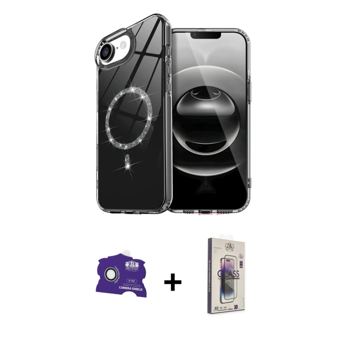 MARSİLYAN™- iPhone 16E Kılıf Kıvılcım Form Prime - Siyah Bilvis 3D Cam Ekran Koruyucu + Bilvis Titan Kamera Lens - BZ