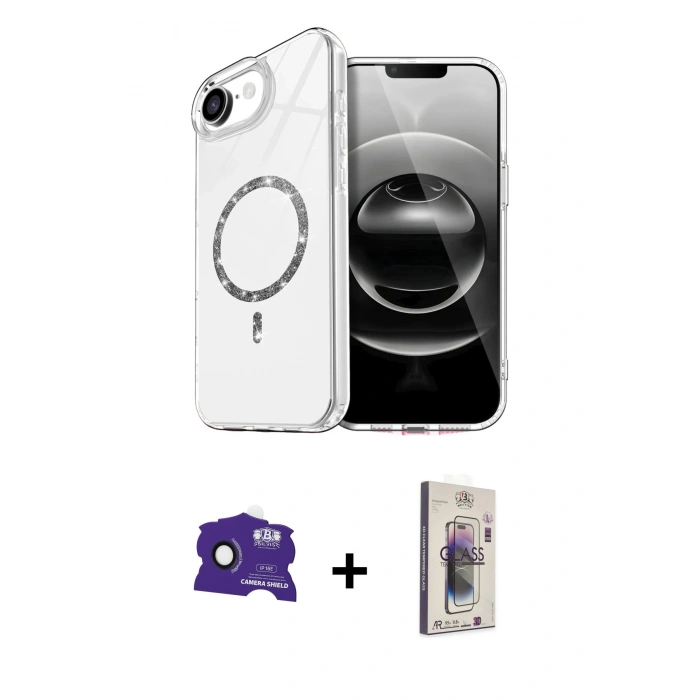 MARSİLYAN™- iPhone 16E Kılıf Kıvılcım Form Prime - Siyah Bilvis 3D Cam Ekran Koruyucu + Siyah Bilvis Titan Kamera Lens