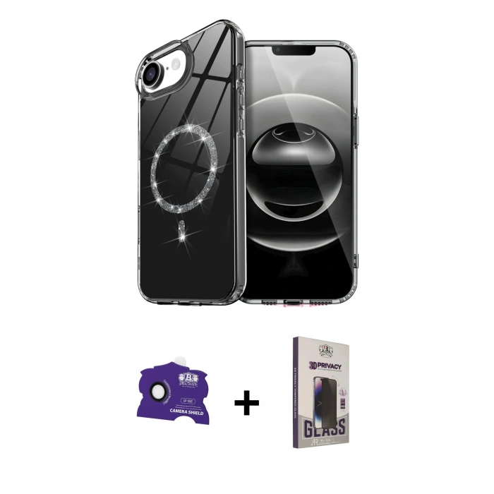 MARSİLYAN™- iPhone 16E Kılıf Kıvılcım Form Prime - Siyah Bilvis Hayalet Cam Ekran Koruyucu + Bilvis Titan Kamera Lens - SH