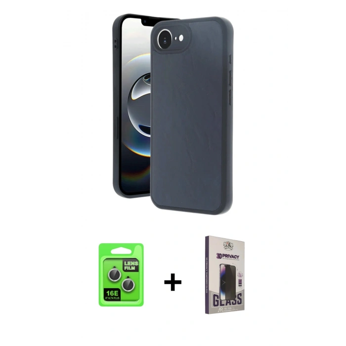 MARSİLYAN™- iPhone 16E Kılıf Kıvılcım Işık Serisi - Siyah Bilvis Hayalet Cam Ekran Koruyucu + Gümüş Raze Metal Kamera Lens