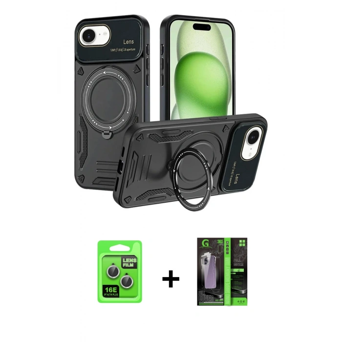 MARSİLYAN™- iPhone 16E Kılıf Kıvılcım Modern Serisi - Şeffaf 360 Full Body Arka Koruyucu + Raze Metal Kamera Lens - GS