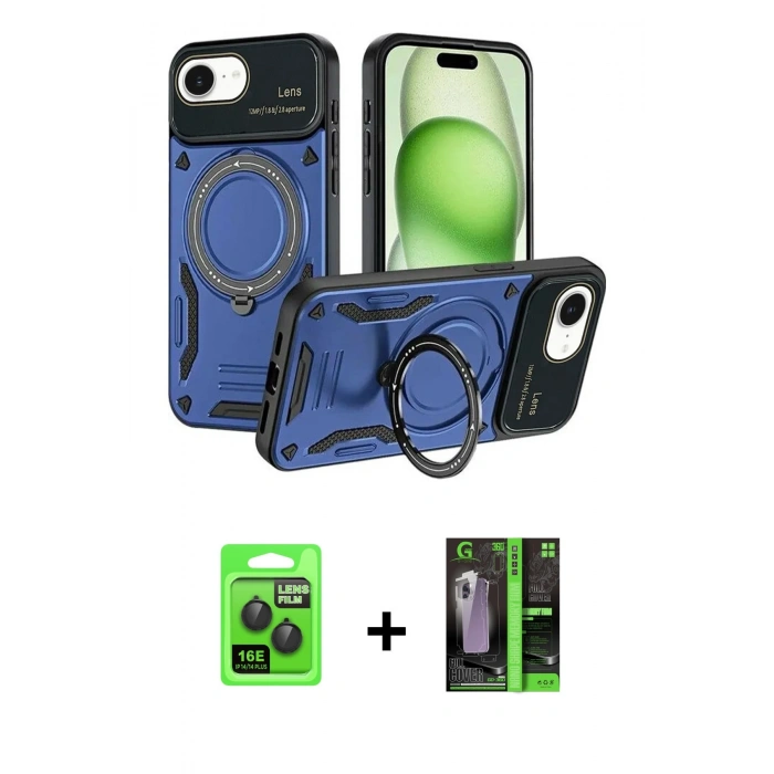 MARSİLYAN™- iPhone 16E Kılıf Kıvılcım Modern Serisi - Şeffaf 360 Full Body Arka Koruyucu + Raze Metal Kamera Lens - SH