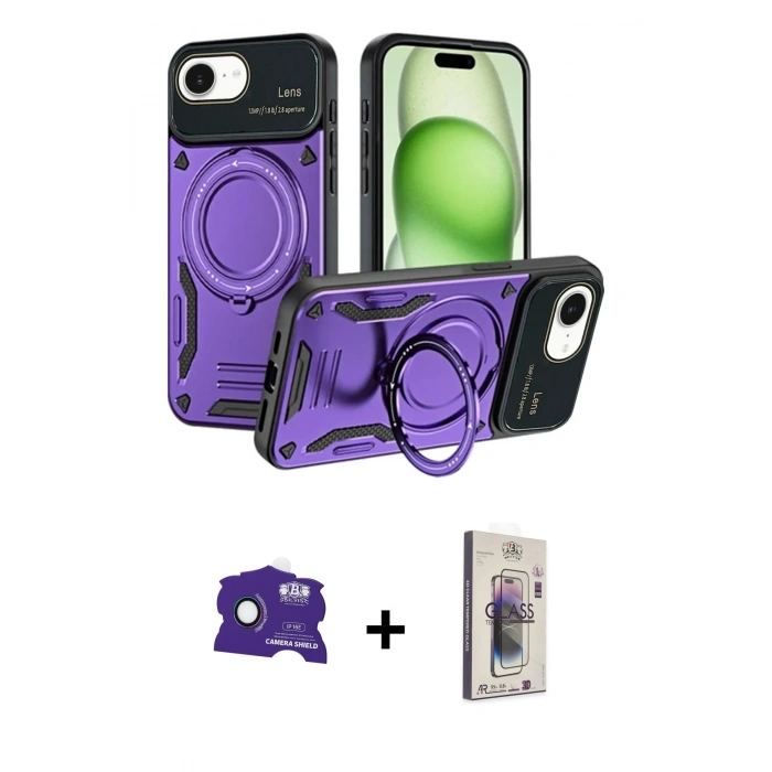 MARSİLYAN™- iPhone 16E Kılıf Kıvılcım Modern Serisi - Siyah Bilvis 3D Cam Ekran Koruyucu + Bilvis Titan Kamera Lens - RW
