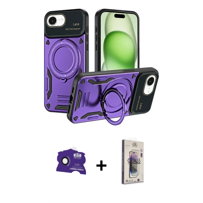MARSİLYAN™- iPhone 16E Kılıf Kıvılcım Modern Serisi - Siyah Bilvis 3D Cam Ekran Koruyucu + Bilvis Titan Kamera Lens - SH