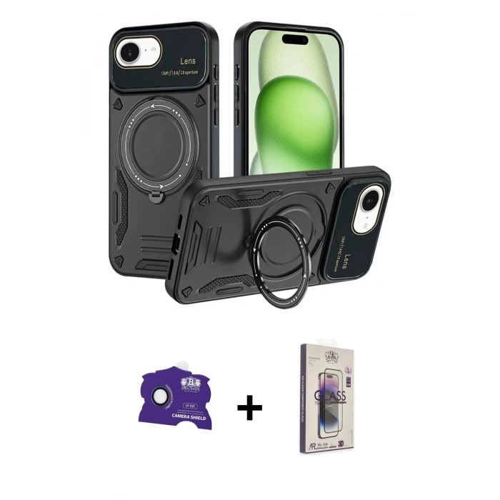 MARSİLYAN™- iPhone 16E Kılıf Kıvılcım Modern Serisi - Siyah Bilvis 3D Cam Ekran Koruyucu + Bilvis Titan Kamera Lens - RW