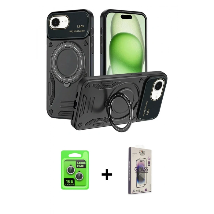 MARSİLYAN™- iPhone 16E Kılıf Kıvılcım Modern Serisi - Siyah Bilvis 3D Cam Ekran Koruyucu + Raze Metal Kamera Lens - GS
