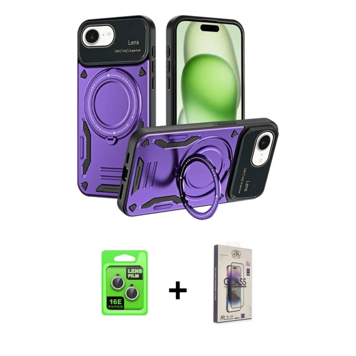 MARSİLYAN™- iPhone 16E Kılıf Kıvılcım Modern Serisi - Siyah Bilvis 3D Cam Ekran Koruyucu + Raze Metal Kamera Lens - GS
