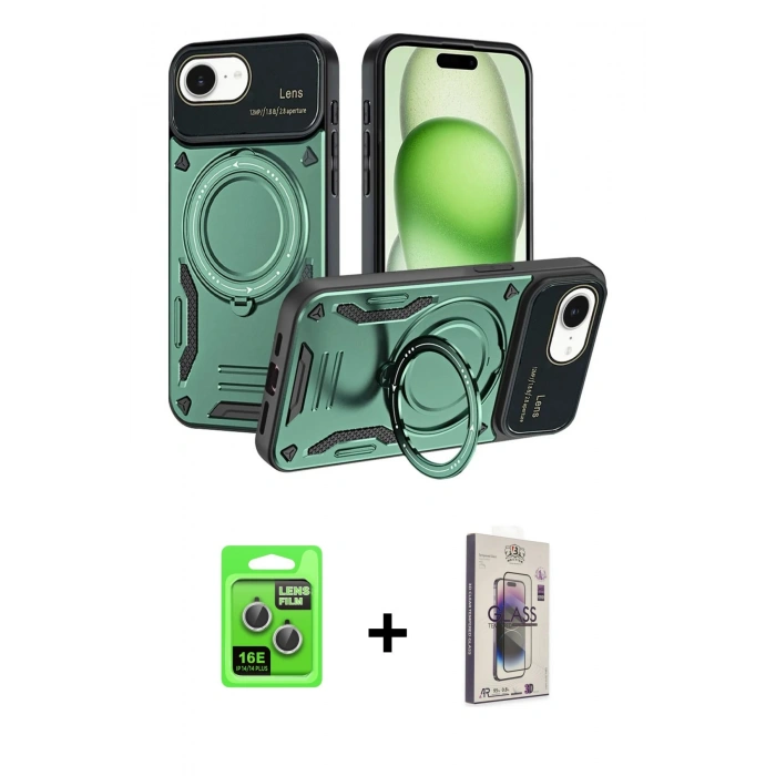 MARSİLYAN™- iPhone 16E Kılıf Kıvılcım Modern Serisi - Siyah Bilvis 3D Cam Ekran Koruyucu + Raze Metal Kamera Lens - GS