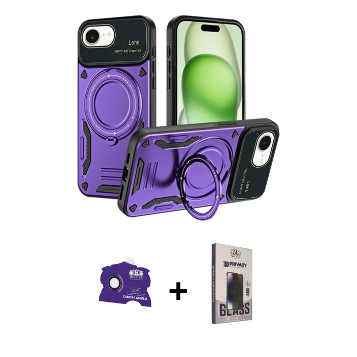 MARSİLYAN™- iPhone 16E Kılıf Kıvılcım Modern Serisi - Siyah Bilvis Hayalet Cam Ekran Koruyucu + Bilvis Titan Kamera Lens - RW