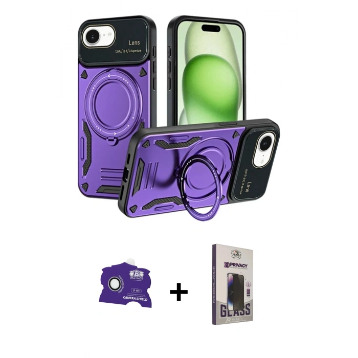 MARSİLYAN™- iPhone 16E Kılıf Kıvılcım Modern Serisi - Siyah Bilvis Hayalet Cam Ekran Koruyucu + Bilvis Titan Kamera Lens - BZ