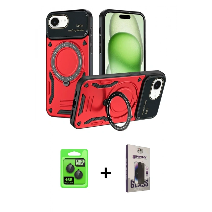 MARSİLYAN™- iPhone 16E Kılıf Kıvılcım Modern Serisi - Siyah Bilvis Hayalet Cam Ekran Koruyucu + Raze Metal Kamera Lens - SH