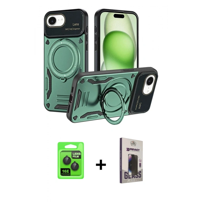 MARSİLYAN™- iPhone 16E Kılıf Kıvılcım Modern Serisi - Siyah Bilvis Hayalet Cam Ekran Koruyucu + Raze Metal Kamera Lens - SH