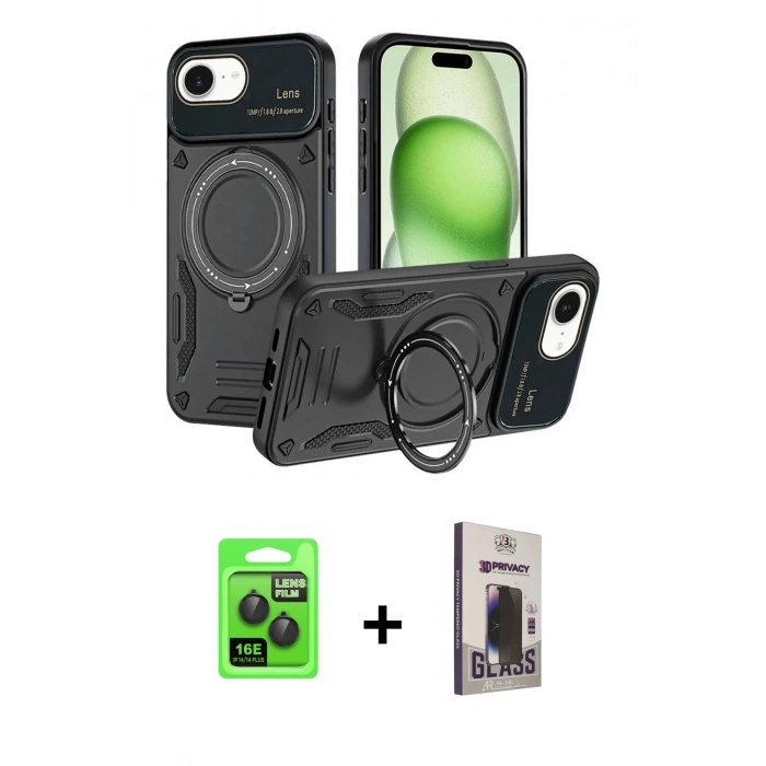 MARSİLYAN™- iPhone 16E Kılıf Kıvılcım Modern Serisi - Siyah Bilvis Hayalet Cam Ekran Koruyucu + Raze Metal Kamera Lens - SH