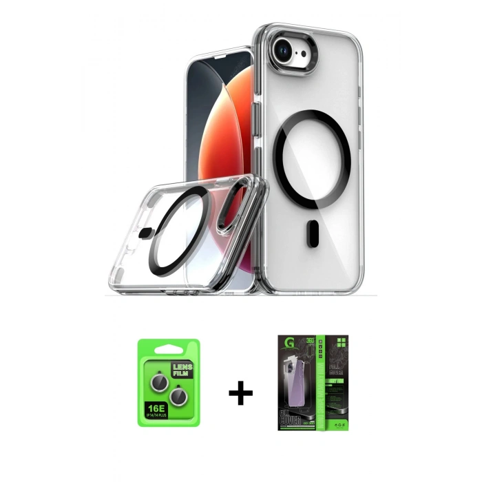 MARSİLYAN™- iPhone 16E Kılıf Kozmos Doku Koleksiyonu - Şeffaf 360 Full Body Arka Koruyucu + Raze Metal Kamera Lens - GS