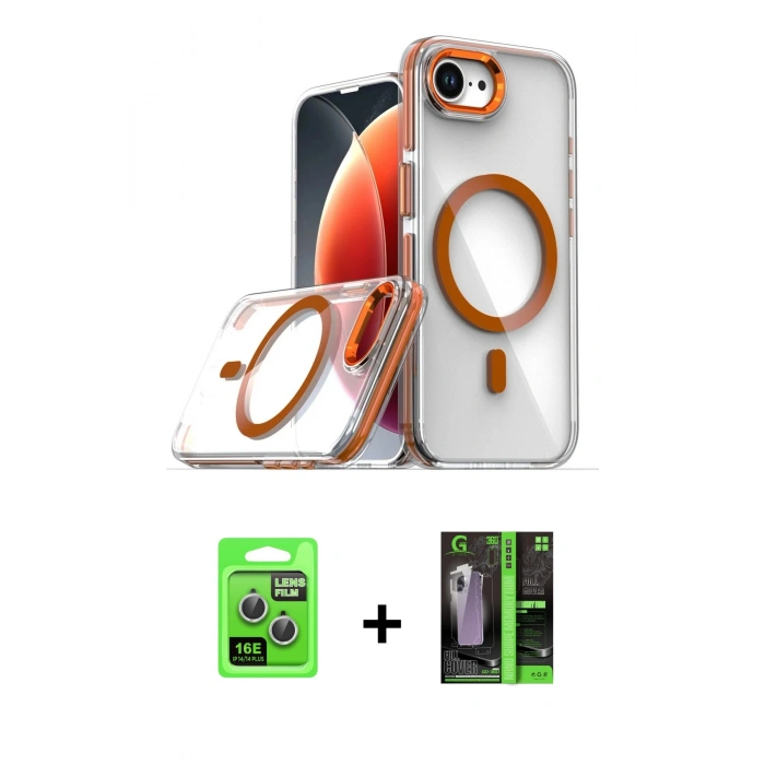 MARSİLYAN™- iPhone 16E Kılıf Kozmos Doku Koleksiyonu - Şeffaf 360 Full Body Arka Koruyucu + Raze Metal Kamera Lens - GS