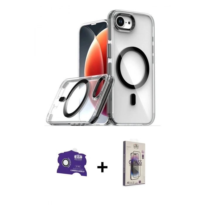 MARSİLYAN™- iPhone 16E Kılıf Kozmos Doku Koleksiyonu - Siyah Bilvis 3D Cam Ekran Koruyucu + Bilvis Titan Kamera Lens - BZ