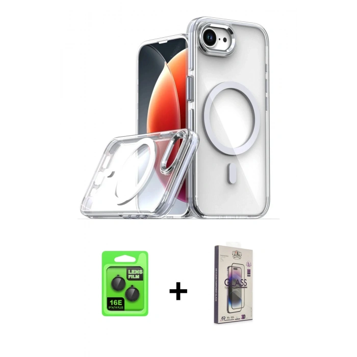 MARSİLYAN™- iPhone 16E Kılıf Kozmos Doku Koleksiyonu - Siyah Bilvis 3D Cam Ekran Koruyucu + Siyah Raze Metal Kamera Lens
