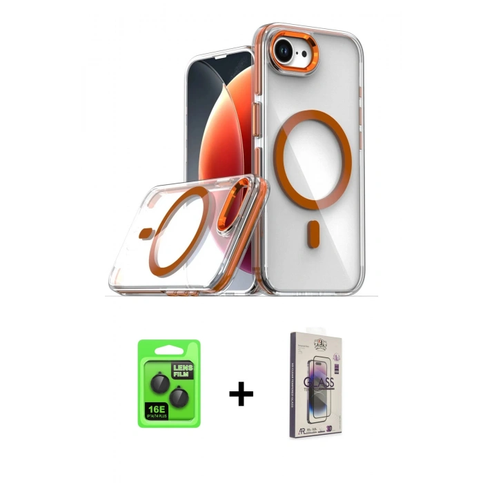 MARSİLYAN™- iPhone 16E Kılıf Kozmos Doku Koleksiyonu - Siyah Bilvis 3D Cam Ekran Koruyucu + Siyah Raze Metal Kamera Lens