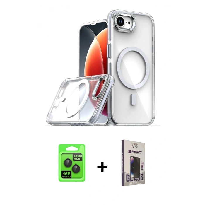 MARSİLYAN™- iPhone 16E Kılıf Kozmos Doku Koleksiyonu - Siyah Bilvis Hayalet Cam Ekran Koruyucu + Raze Metal Kamera Lens - SH