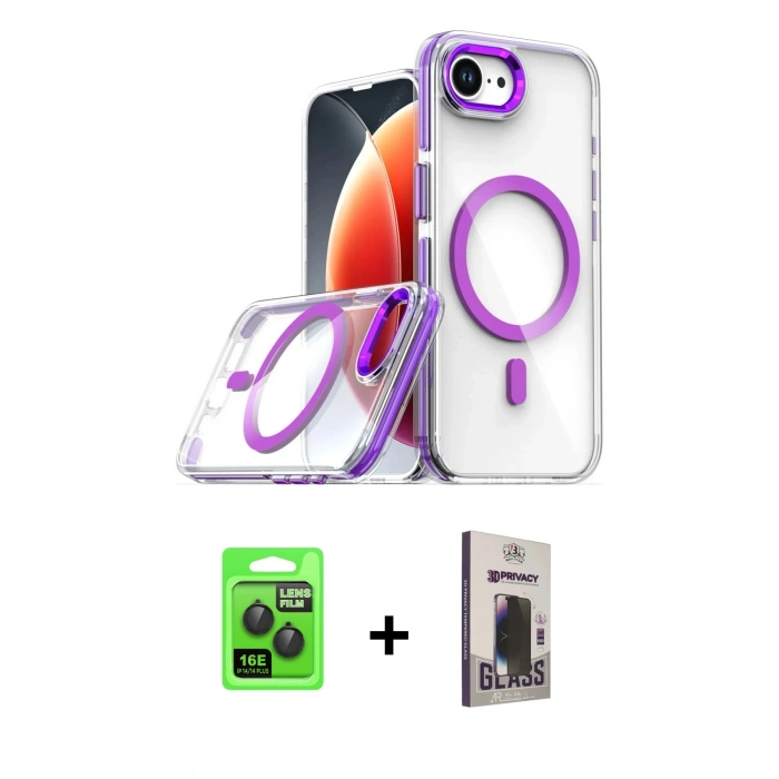 MARSİLYAN™- iPhone 16E Kılıf Kozmos Doku Koleksiyonu - Siyah Bilvis Hayalet Cam Ekran Koruyucu + Raze Metal Kamera Lens - SH