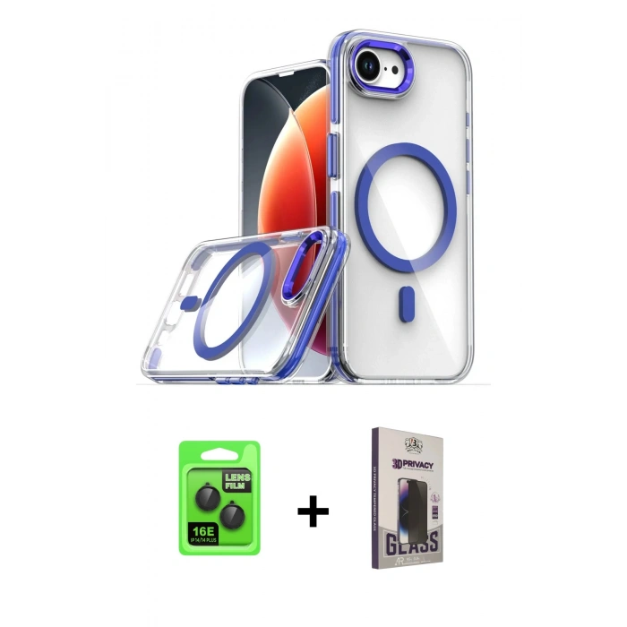 MARSİLYAN™- iPhone 16E Kılıf Kozmos Doku Koleksiyonu - Siyah Bilvis Hayalet Cam Ekran Koruyucu + Raze Metal Kamera Lens - SH