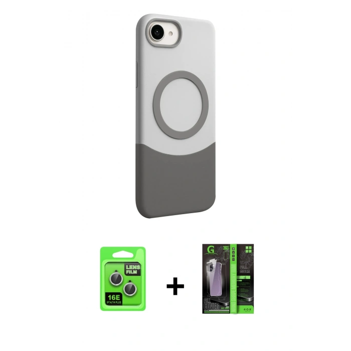 MARSİLYAN™- iPhone 16E Kılıf Kozmos Form Özel Seri - Şeffaf 360 Full Body Arka Koruyucu + Gümüş Raze Metal Kamera Lens