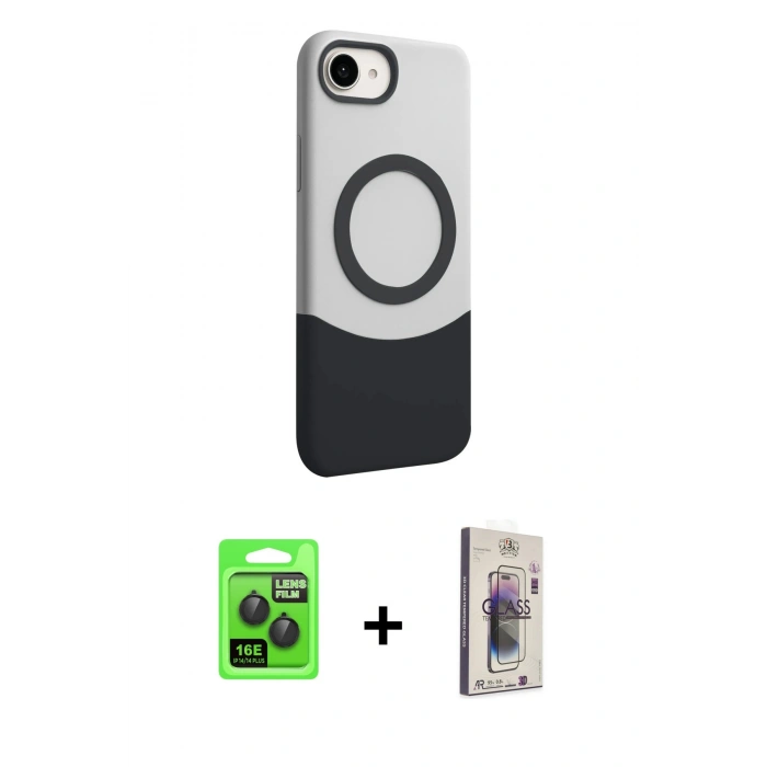 MARSİLYAN™- iPhone 16E Kılıf Kozmos Form Özel Seri - Siyah Bilvis 3D Cam Ekran Koruyucu + Raze Metal Kamera Lens - SH